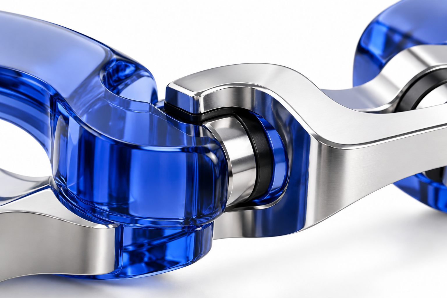 Close-up of interlocking blue glass and silver components